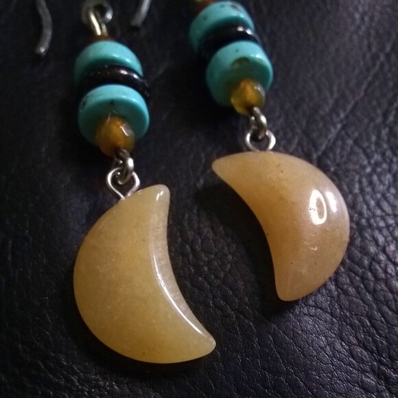 Southwestern & Boho Vibes! Long Moon Danglers! Aventurine Howlite + Agate Beads - Picture 5 of 12